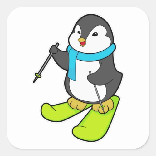 Penguin as Skier with Ski Square Sticker