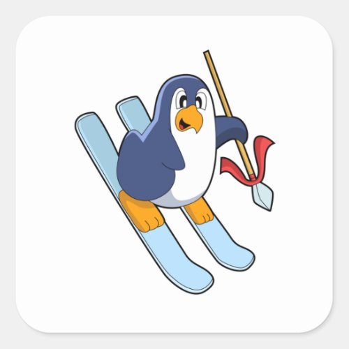 Penguin as Skier with Ski Square Sticker