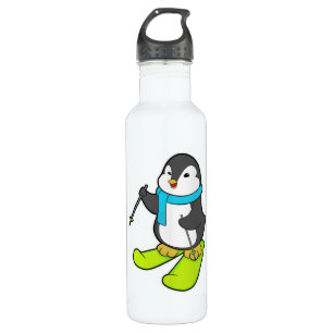 Penguin as Skier with Ski Stainless Steel Water Bottle