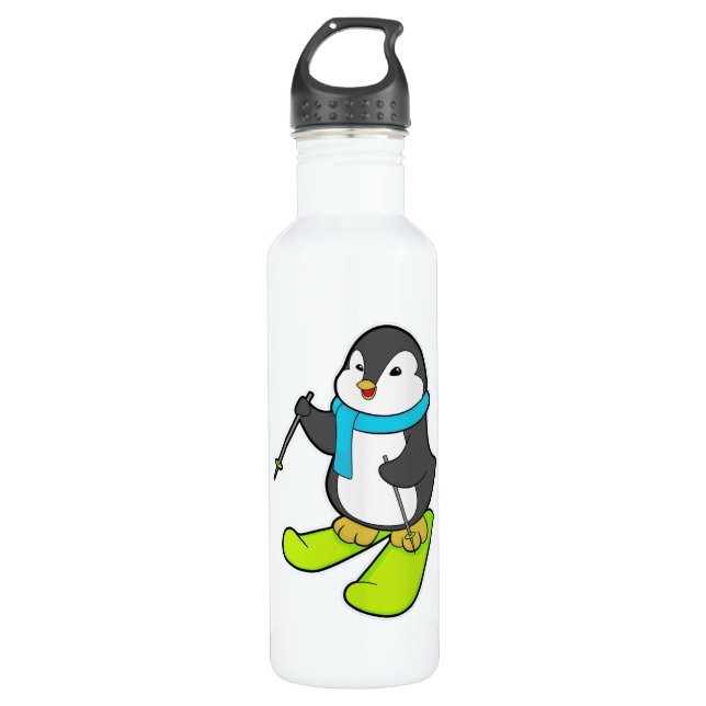 Penguin as Skier with Ski Stainless Steel Water Bottle (Front)
