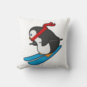 Penguin as Skier with Ski Throw Pillow