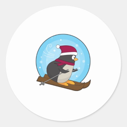 Penguin as Skier with Skis Classic Round Sticker