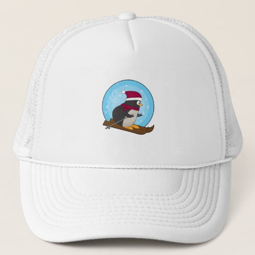 Penguin as Skier with Skis Trucker Hat