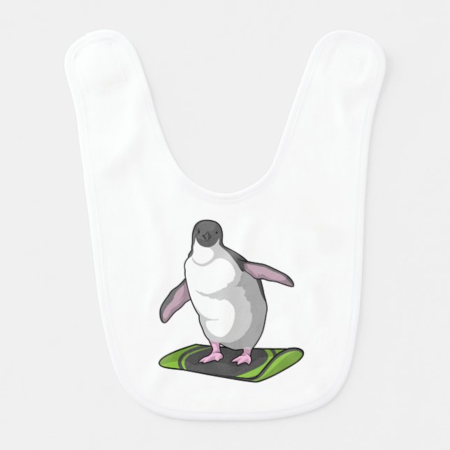 Penguin as Snowboarder with Snowboard Baby Bib (Front)