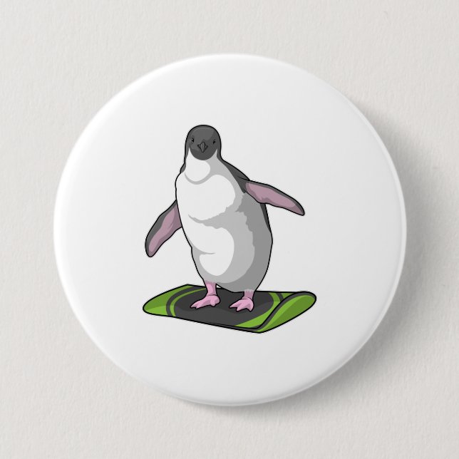Penguin as Snowboarder with Snowboard Button (Front)