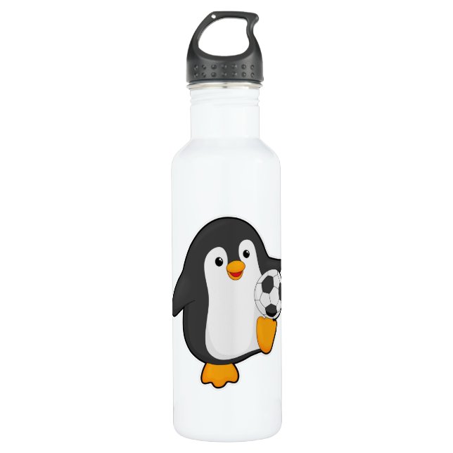 Penguin as Soccer player with Soccer ball Stainless Steel Water Bottle (Front)