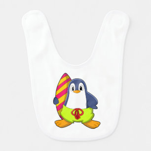 Penguin as Surfer with Surfboard Baby Bib