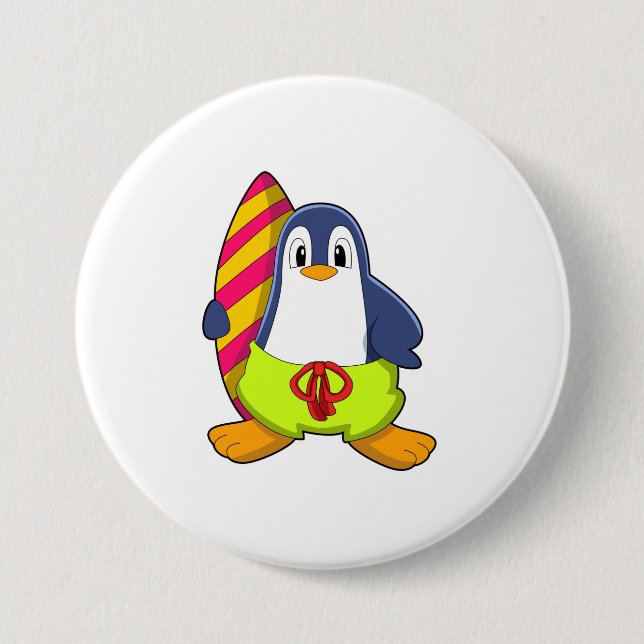 Penguin as Surfer with Surfboard Button (Front)