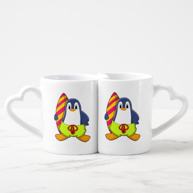 Penguin as Surfer with Surfboard Coffee Mug Set (Front Nesting)