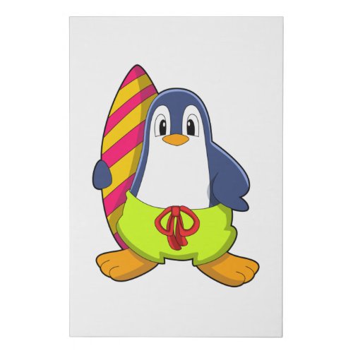 Penguin as Surfer with Surfboard Faux Canvas Print