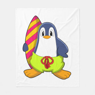 Penguin as Surfer with Surfboard Fleece Blanket