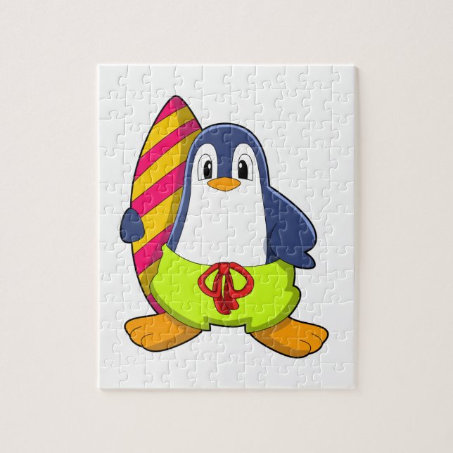 Penguin as Surfer with Surfboard Jigsaw Puzzle (Vertical)
