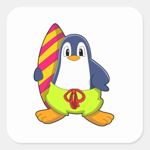 Penguin as Surfer with Surfboard Square Sticker