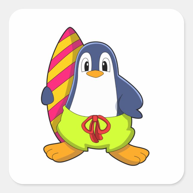 Penguin as Surfer with Surfboard Square Sticker (Front)