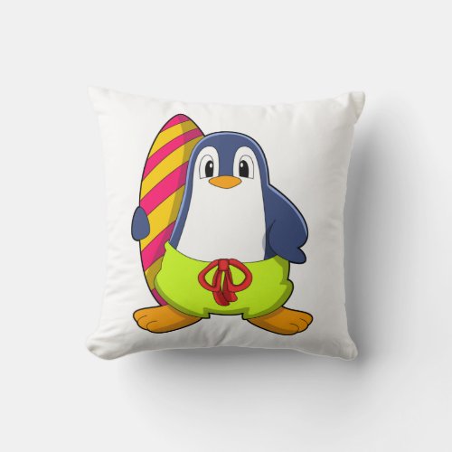 Penguin as Surfer with Surfboard Throw Pillow
