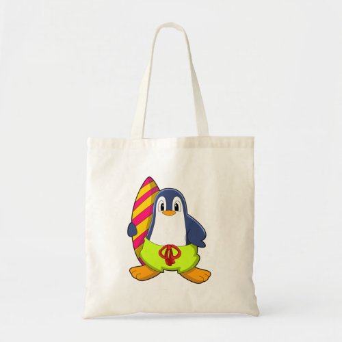 Penguin as Surfer with Surfboard Tote Bag