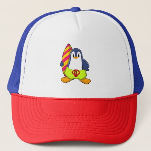 Penguin as Surfer with Surfboard Trucker Hat