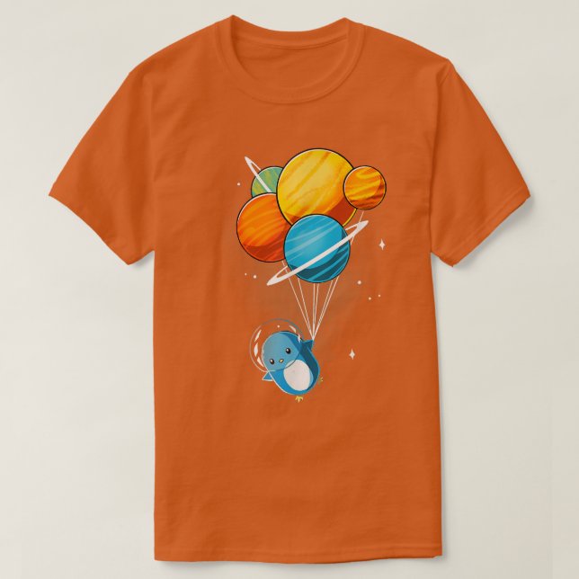 Penguin Astronaut Penguin in Space Holding Planet  T-Shirt (Design Front)