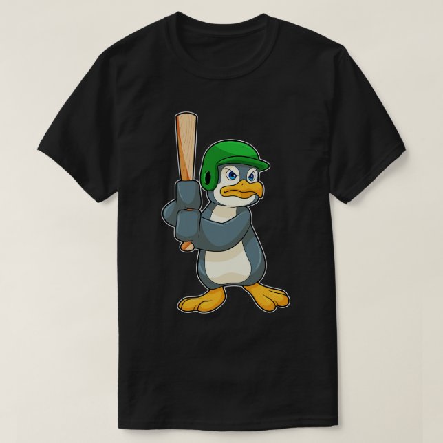 Penguin at Baseball with Baseball bat Helmet T-Shirt (Design Front)