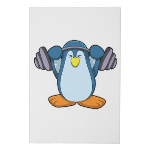 Penguin at Bodybuilding with Dumbbells Faux Canvas Print
