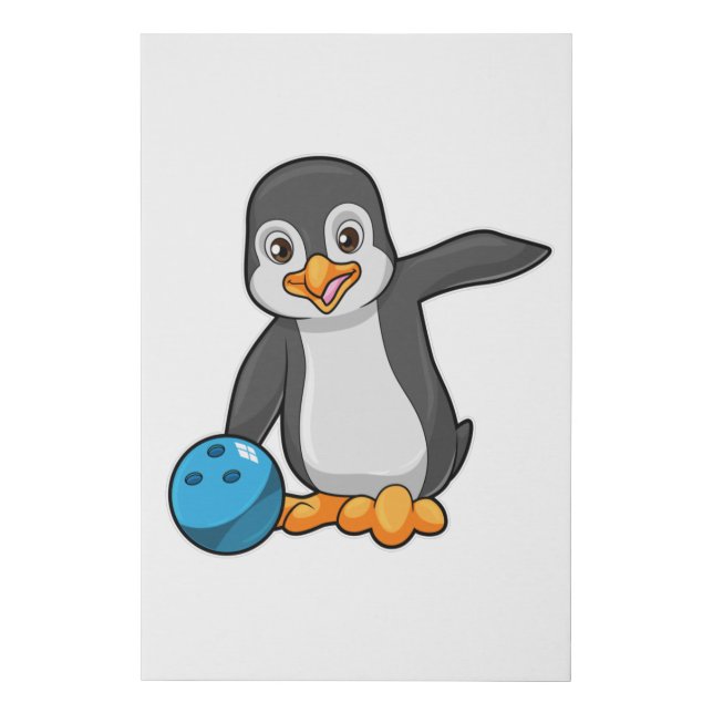 Penguin at Bowling with Bowling ball Faux Canvas Print (Front)