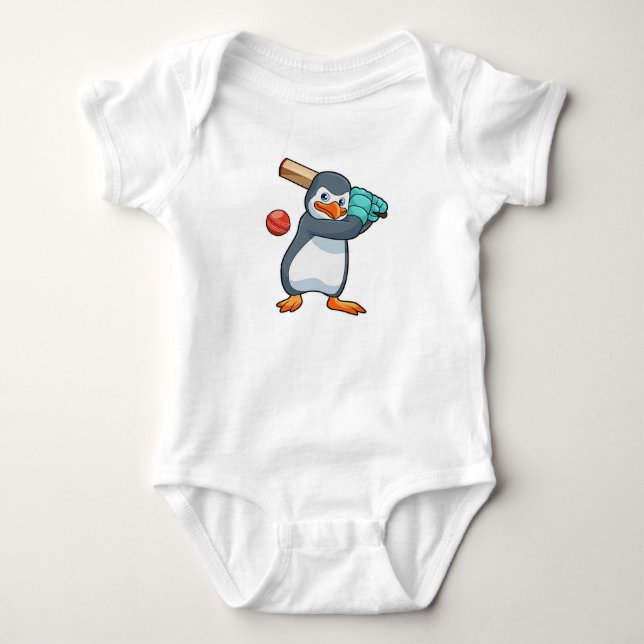 Penguin at Cricket with Cricket bat Baby Bodysuit (Front)