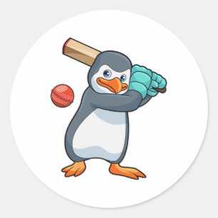 Penguin at Cricket with Cricket bat Classic Round Sticker