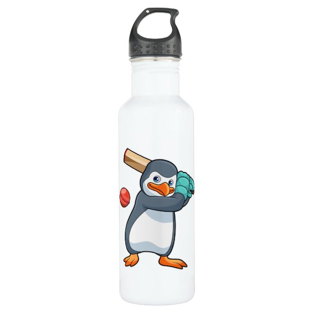 Penguin at Cricket with Cricket bat Stainless Steel Water Bottle (Front)