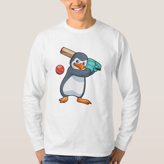 Penguin at Cricket with Cricket bat T-Shirt (Front)