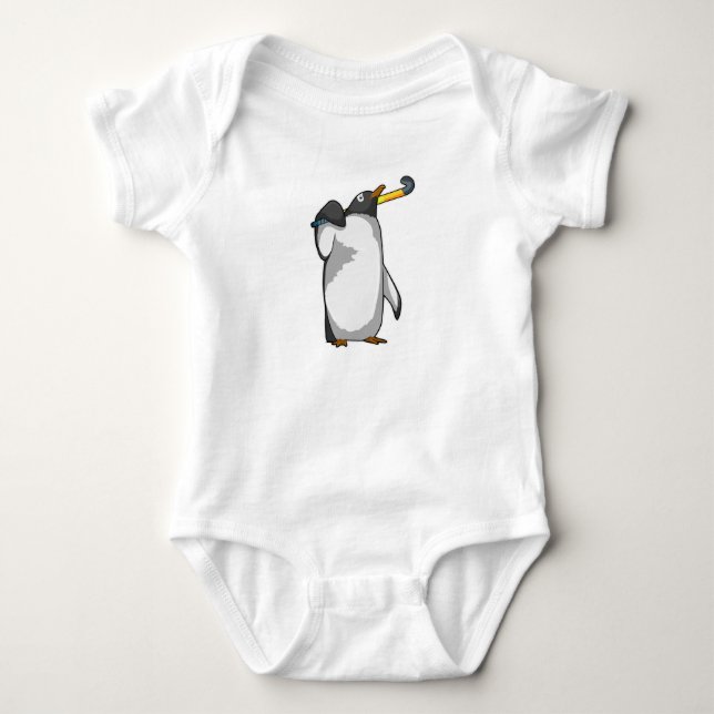 Penguin at Hockey with Hockey stick Baby Bodysuit (Front)