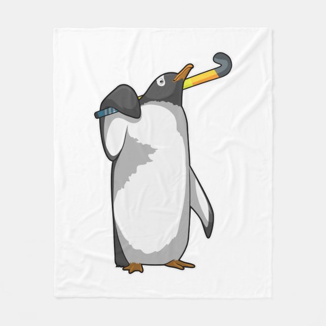 Penguin at Hockey with Hockey stick Fleece Blanket (Front)