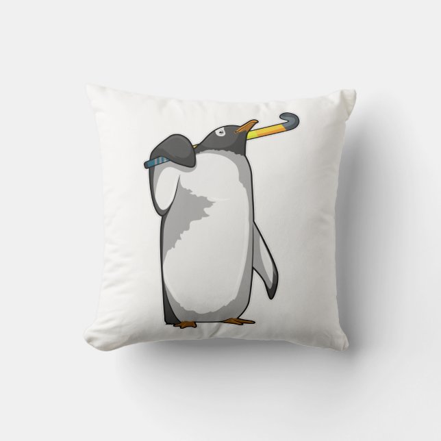 Penguin at Hockey with Hockey stick Throw Pillow (Front)