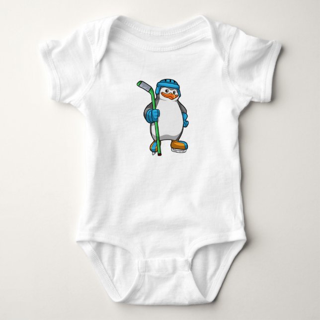 Penguin at Ice hockey with Ice hockey stick Baby Bodysuit (Front)