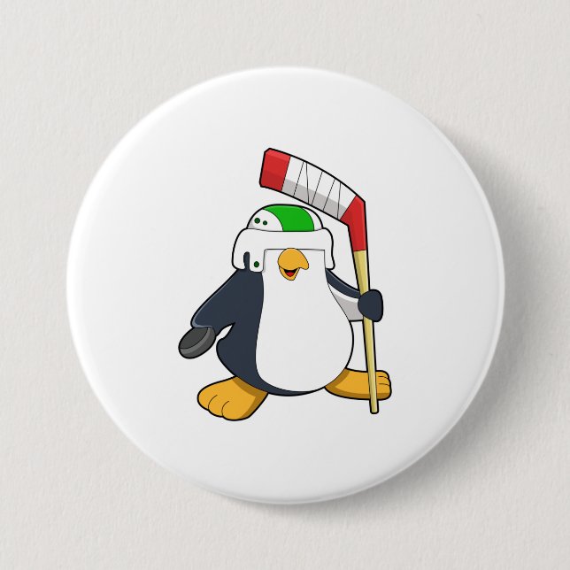 Penguin at Ice hockey with Ice hockey stick Button (Front)
