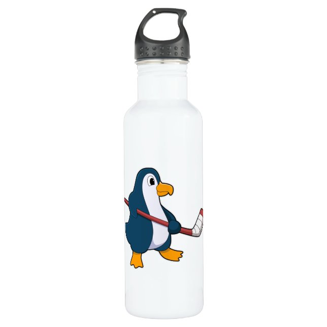 Penguin at Ice hockey with Ice hockey stick Stainless Steel Water Bottle (Front)
