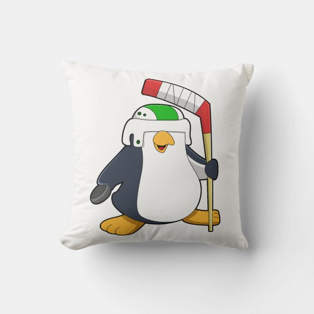 Penguin at Ice hockey with Ice hockey stick Throw Pillow (Front)