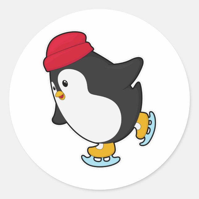 Penguin at Ice skating with Hat Classic Round Sticker (Front)
