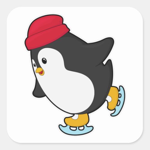 Penguin at Ice skating with Hat Square Sticker