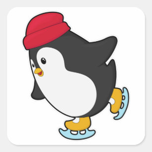 Penguin at Ice skating with Hat Square Sticker
