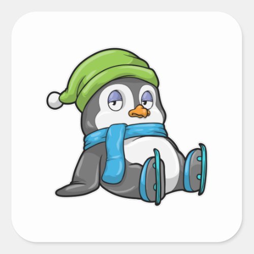 Penguin at Ice skating with Hat Square Sticker