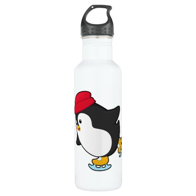 Penguin at Ice skating with Hat Stainless Steel Water Bottle (Front)