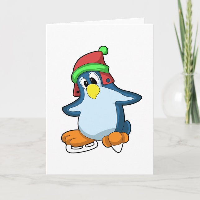Penguin at Ice skating with Ice skates Card (Front)