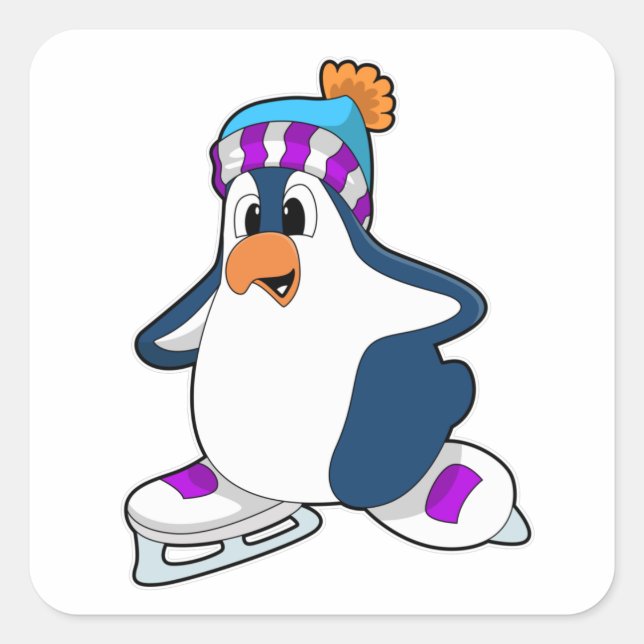 Penguin at Ice skating with Ice skates Square Sticker (Front)