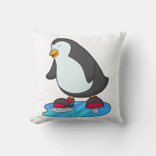 Penguin at Ice skating with Ice skates Throw Pillow
