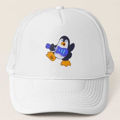 Penguin at Music with Guitar Trucker Hat