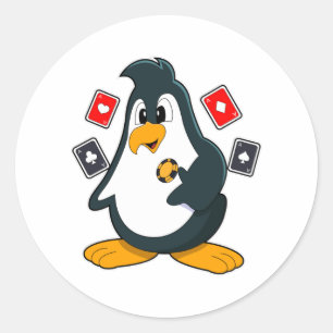Penguin at Poker with Poker cards Classic Round Sticker