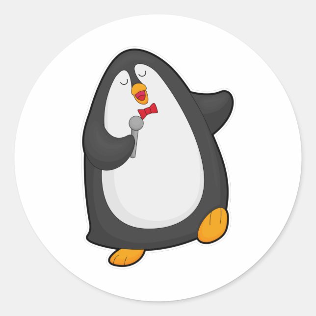 Penguin at Singing with Microphone & Tie Classic Round Sticker (Front)
