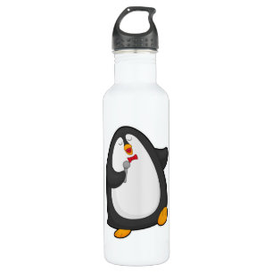 Penguin at Singing with Microphone & Tie Stainless Steel Water Bottle