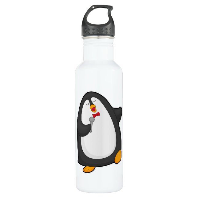 Penguin at Singing with Microphone & Tie Stainless Steel Water Bottle (Front)