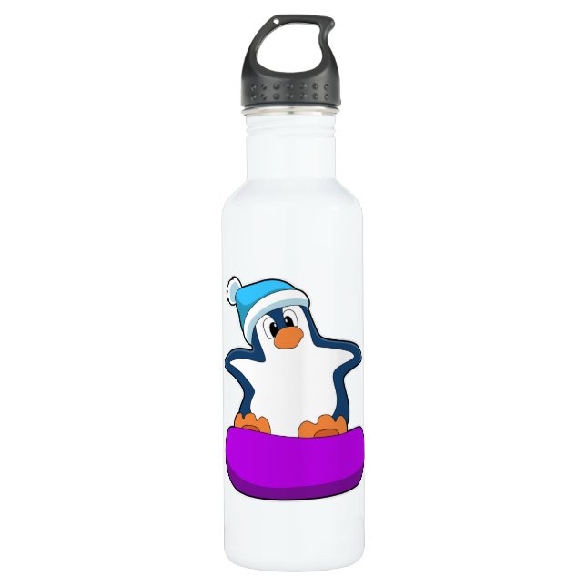 Penguin at Snowboarding with Snowboard Stainless Steel Water Bottle (Front)